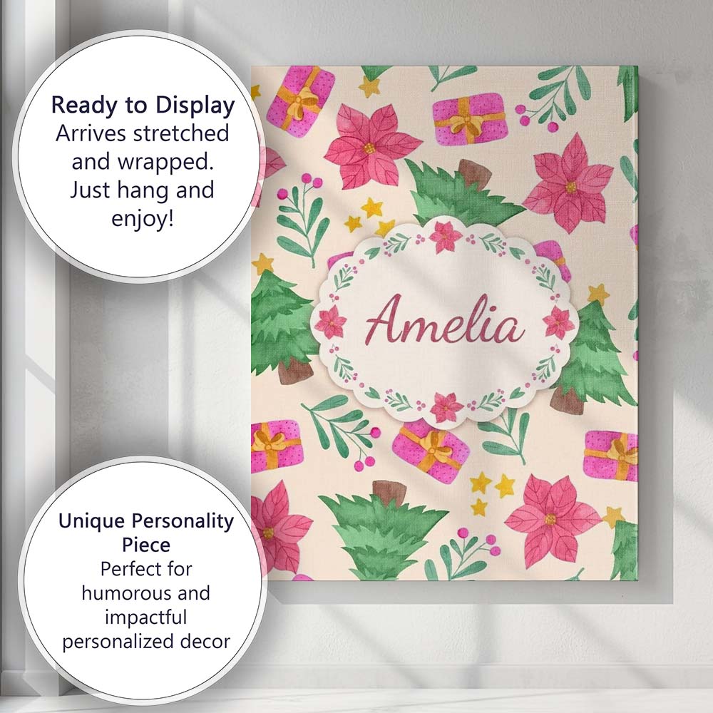 Personalised Name Watercolor Poinsettia Custom  Modern Room Accent Elegant Feature Canvas Wall Art Print Decor Picture Ready to Hang