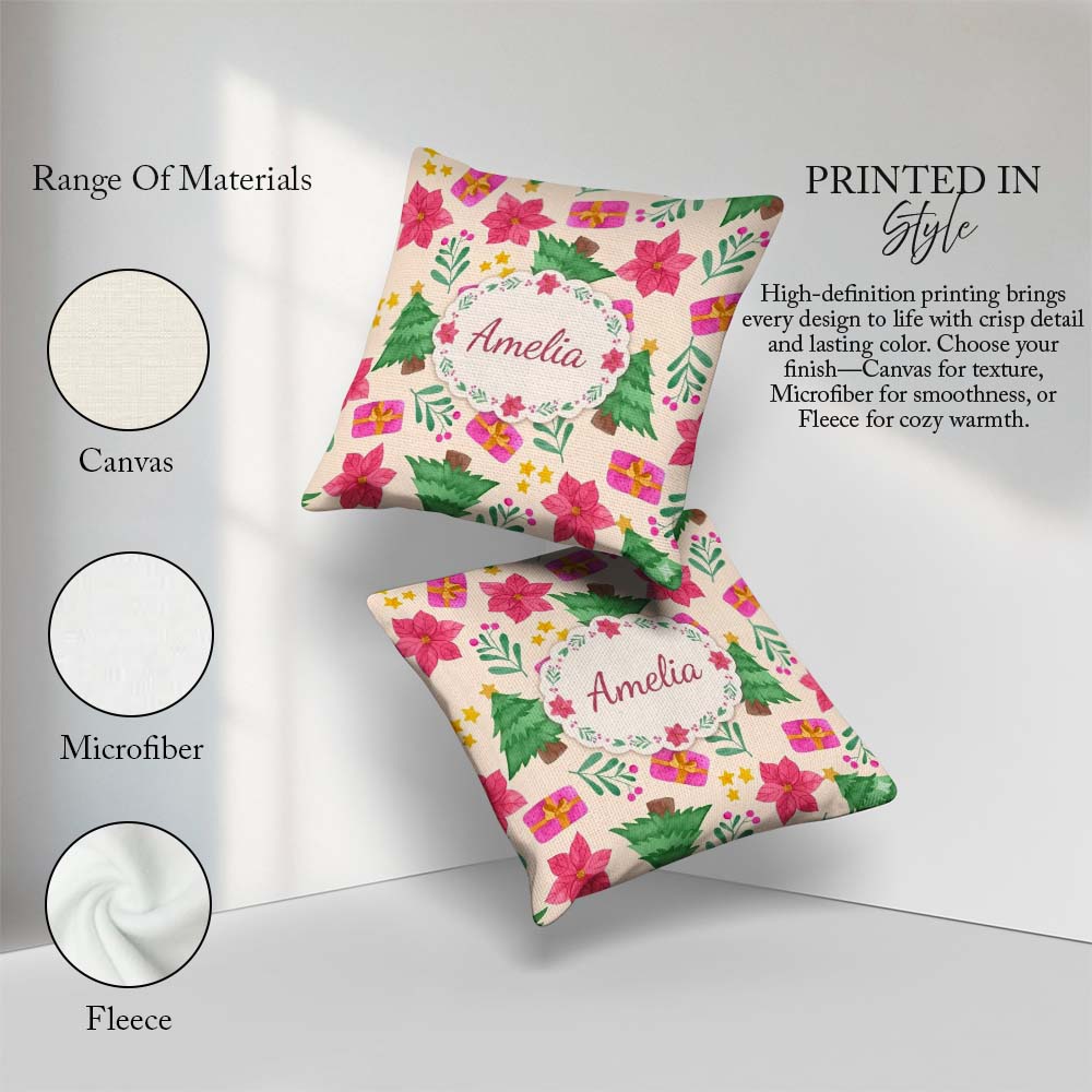 Custom Name Watercolor Poinsettia Christmas Tree Seamless Lovely Square Filled Cushion Throw Pillow Sofa Bed Home Decor Zip Washable UK Made