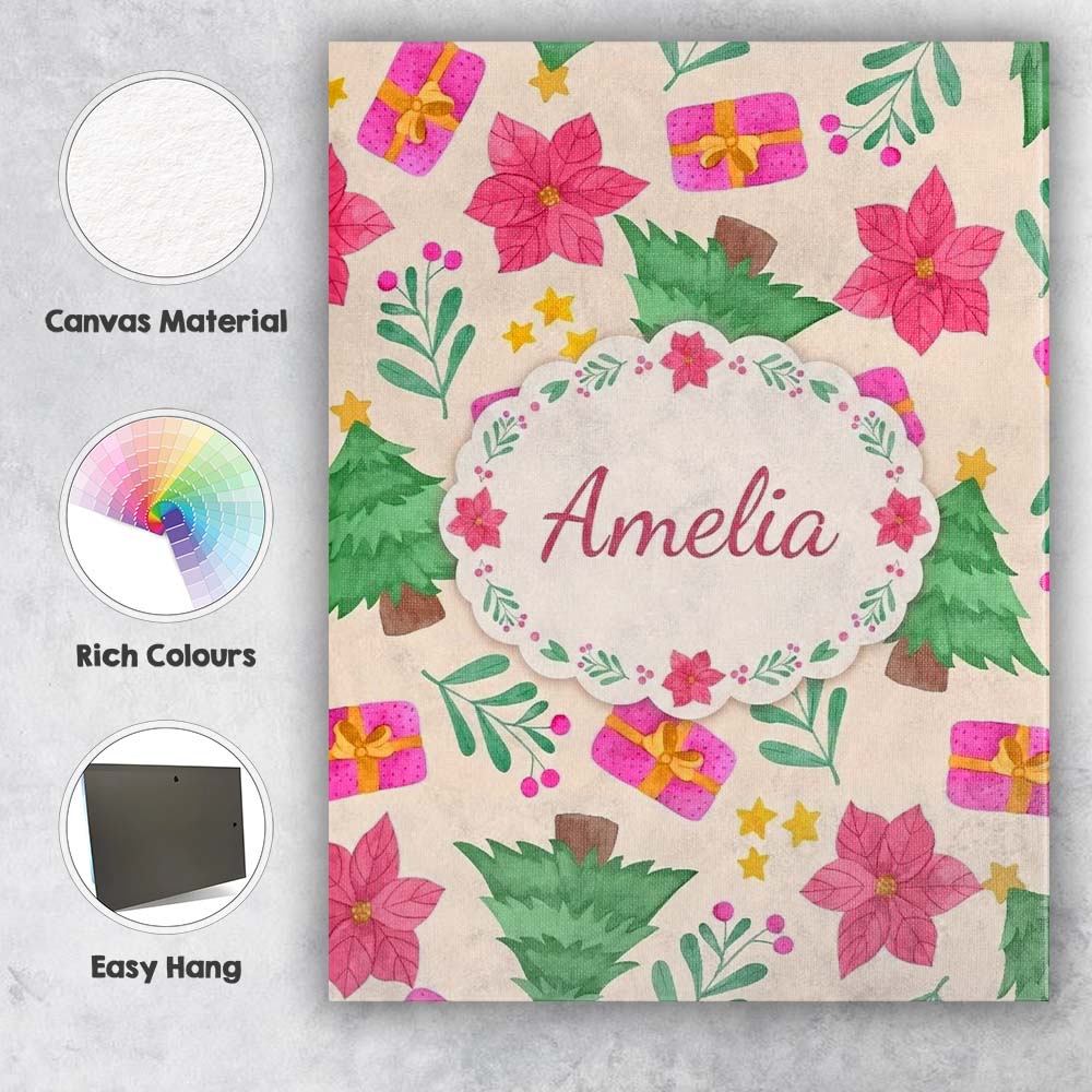 Personalised Name Watercolor Poinsettia Custom  Modern Room Accent Elegant Feature Canvas Wall Art Print Decor Picture Ready to Hang