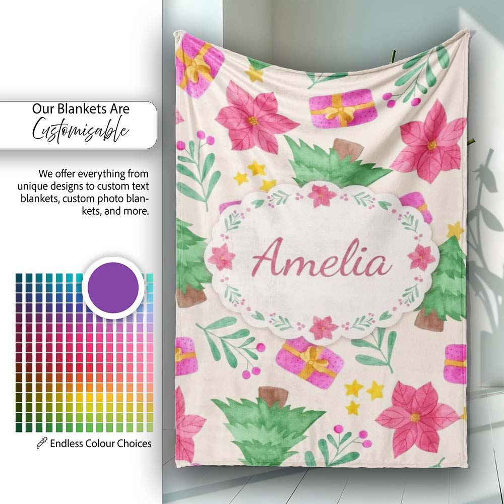 Watercolor Poinsettia Gift Christmas Tree Seamless Pattern Lovely  Personalised Custom Name Super Soft Fleece Blanket Bed Sofa Throw