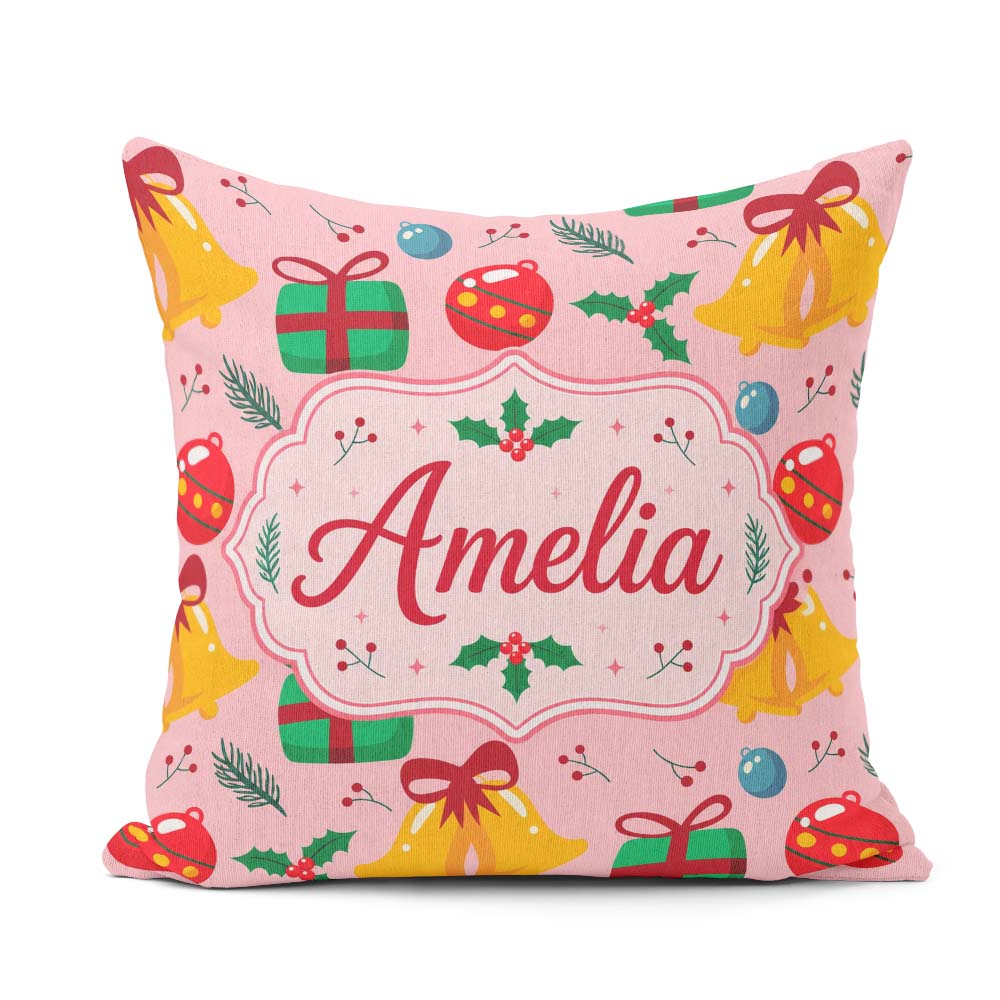 Custom Name Christmas Bells Baubles Holly Berry Seamless Pattern Square Filled Cushion Throw Pillow Sofa Bed Home Decor Zip Washable UK Made