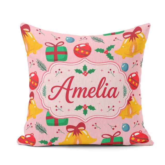 Custom Name Christmas Bells Baubles Holly Berry Seamless Pattern Square Filled Cushion Throw Pillow Sofa Bed Home Decor Zip Washable UK Made