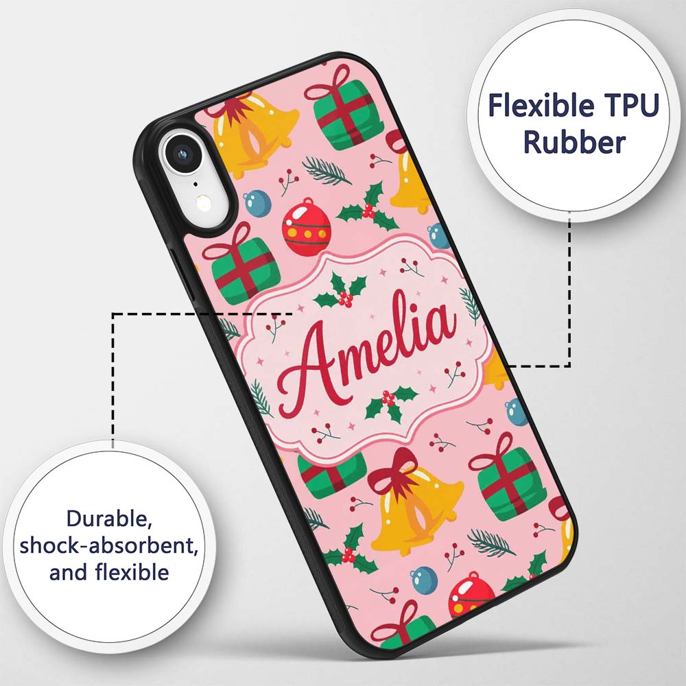 Christmas Bells Gift Baubles Holly Berry Seamless Custom Name Protective Phone Case Mobile Cover Durable Everyday Smartphone Shock Resistant