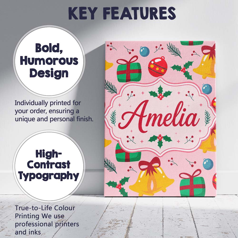 Personalised Name Christmas Bells Custom  Modern Room Accent Contemporary Display Canvas Wall Art Print Decor Picture Ready to Hang