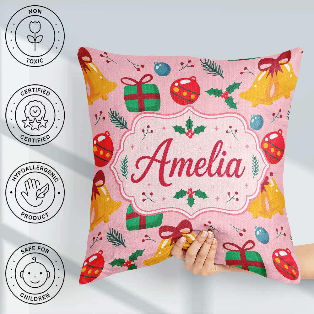 Custom Name Christmas Bells Baubles Holly Berry Seamless Pattern Square Filled Cushion Throw Pillow Sofa Bed Home Decor Zip Washable UK Made