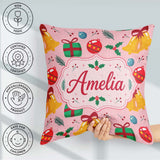 Custom Name Christmas Bells Baubles Holly Berry Seamless Pattern Square Filled Cushion Throw Pillow Sofa Bed Home Decor Zip Washable UK Made