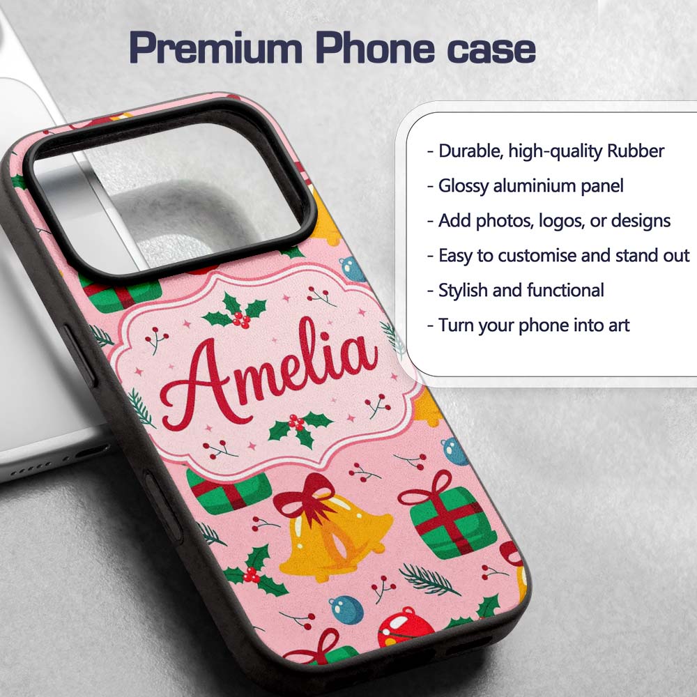 Christmas Bells Gift Baubles Holly Berry Seamless Custom Name Protective Phone Case Mobile Cover Durable Everyday Smartphone Shock Resistant