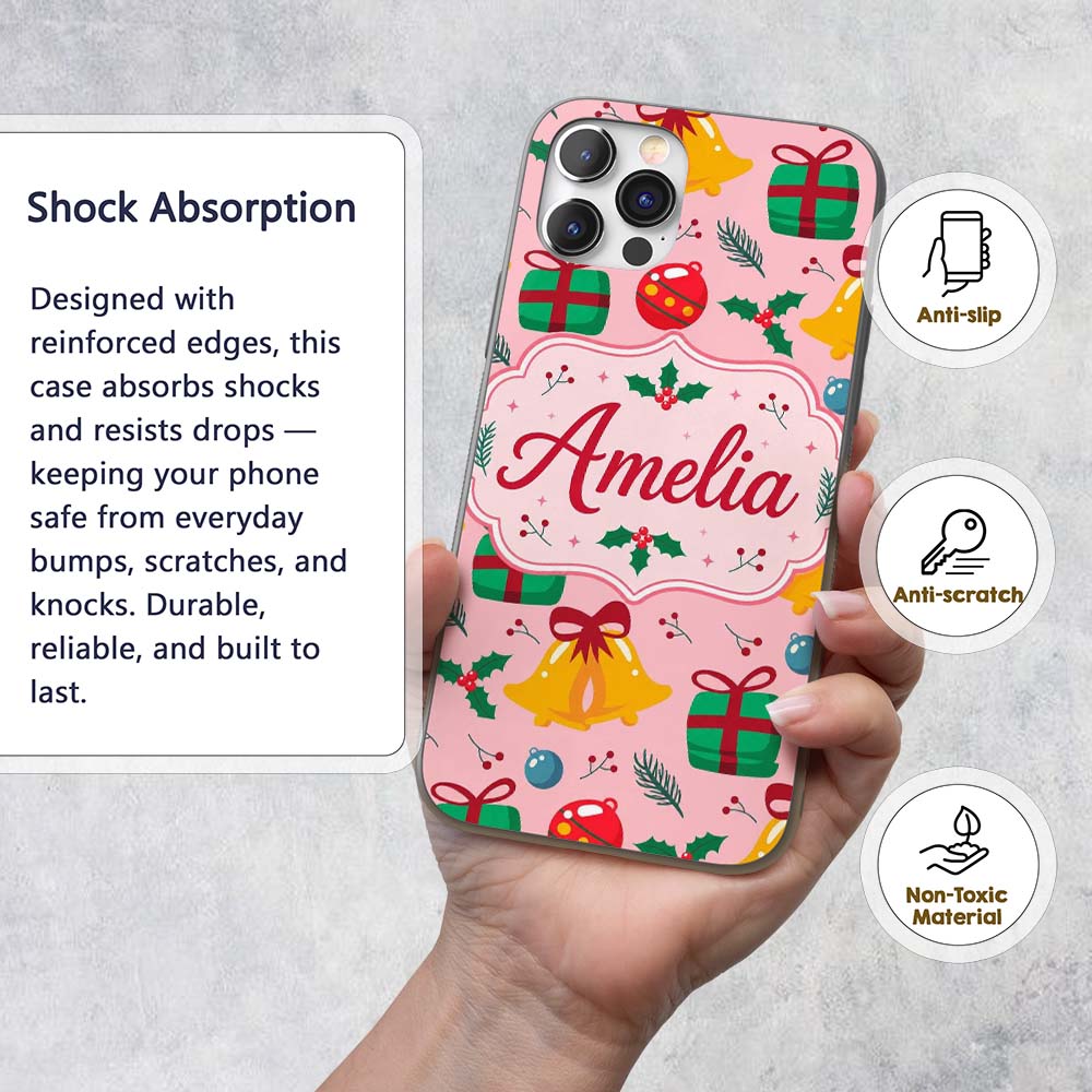 Christmas Bells Gift Baubles Holly Berry Seamless Custom Name Protective Phone Case Mobile Cover Durable Everyday Smartphone Shock Resistant