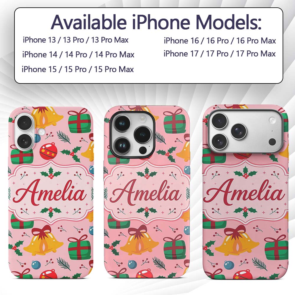 Christmas Bells Gift Baubles Holly Berry Seamless Custom Name Protective Phone Case Mobile Cover Durable Everyday Smartphone Shock Resistant