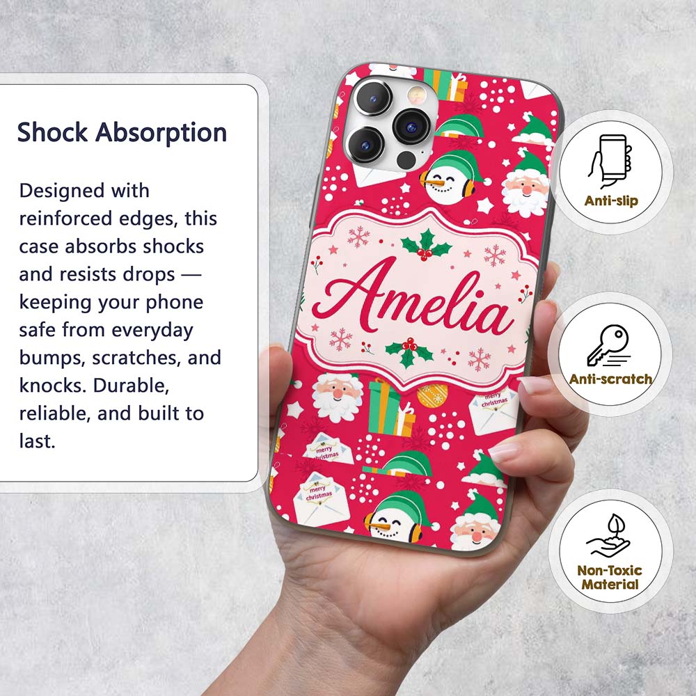 Cute Santa Snowman Christmas Letter Gift Seamless Custom Name Protective Phone Case Mobile Cover Durable Everyday Smartphone Shock Resistant