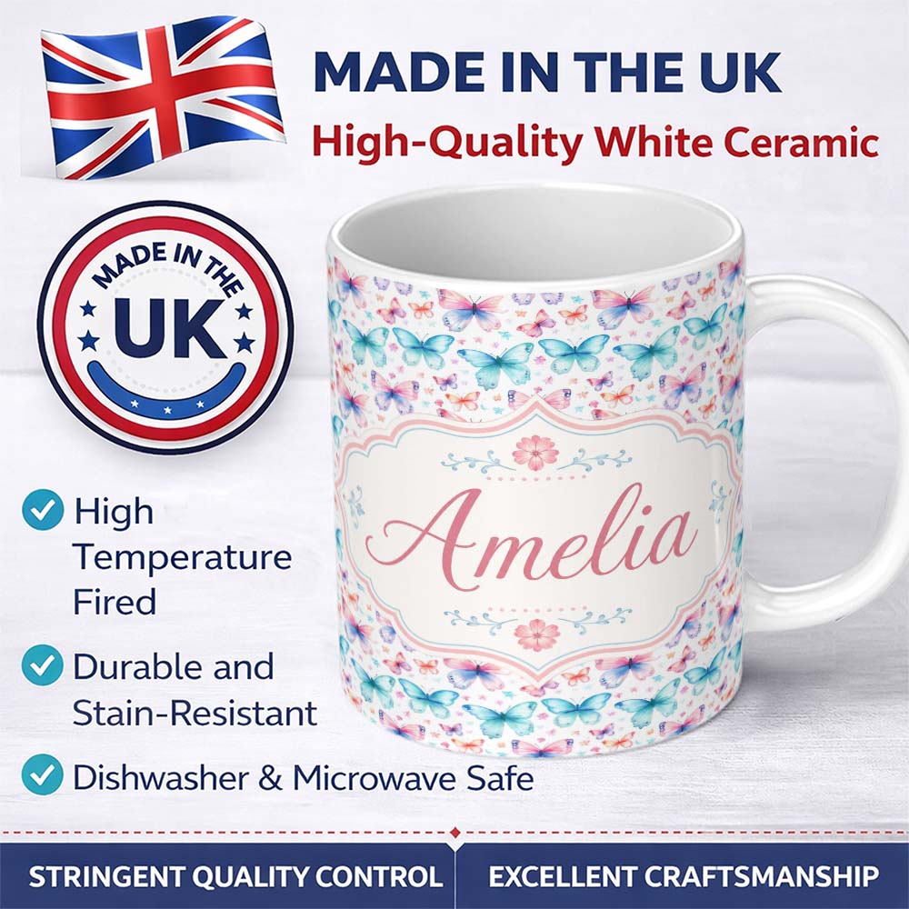 Personalized Custom Name Pastel Butterfly Soft Color Dreamy Seamless Pattern Cute Unique Gift 11oz Ceramic Coffee Tea Mug White Large Handle