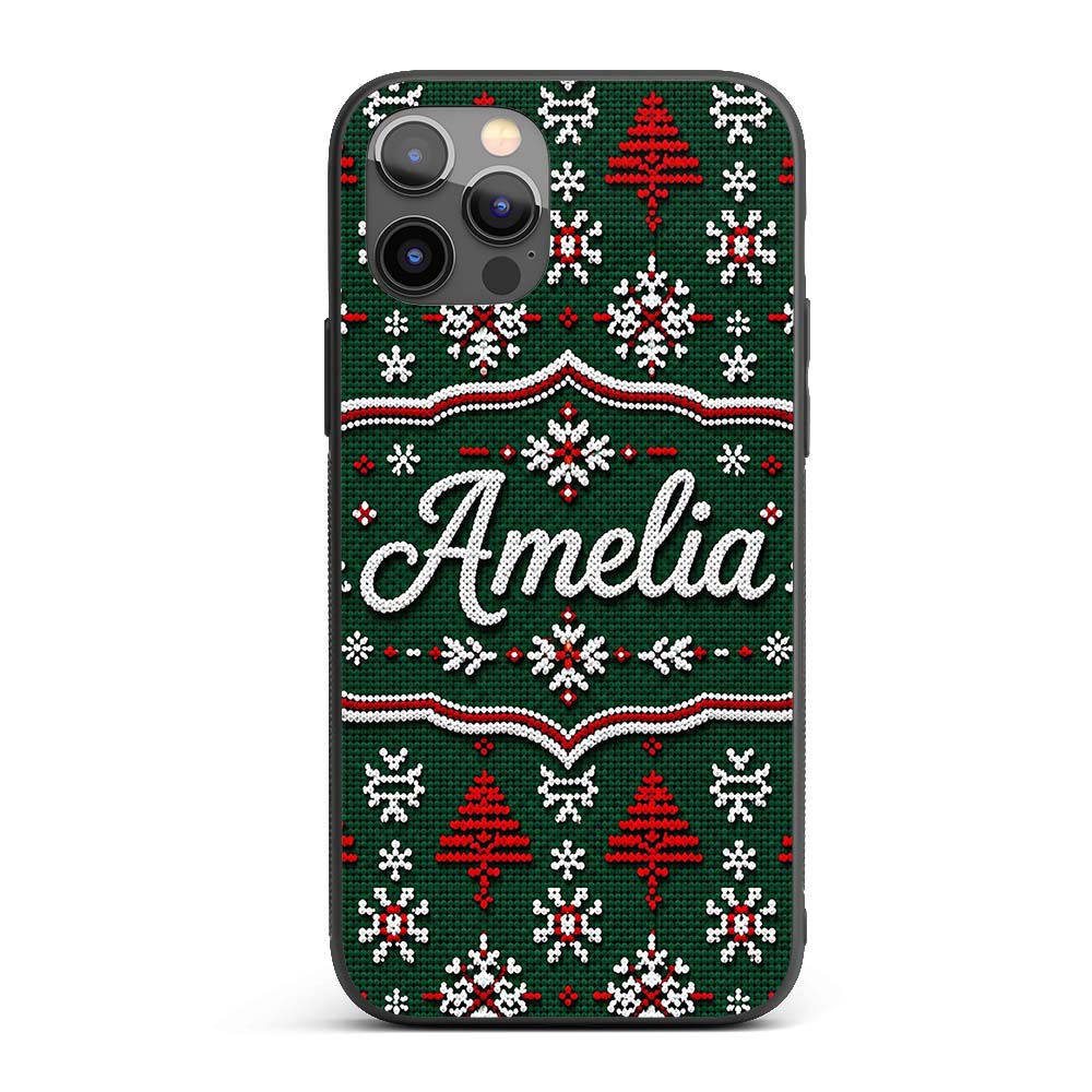 Knitted Red White Christmas Tree Printed Design Custom Name Protective Phone Case Mobile Cover Durable Everyday Smartphone Shock Resistant