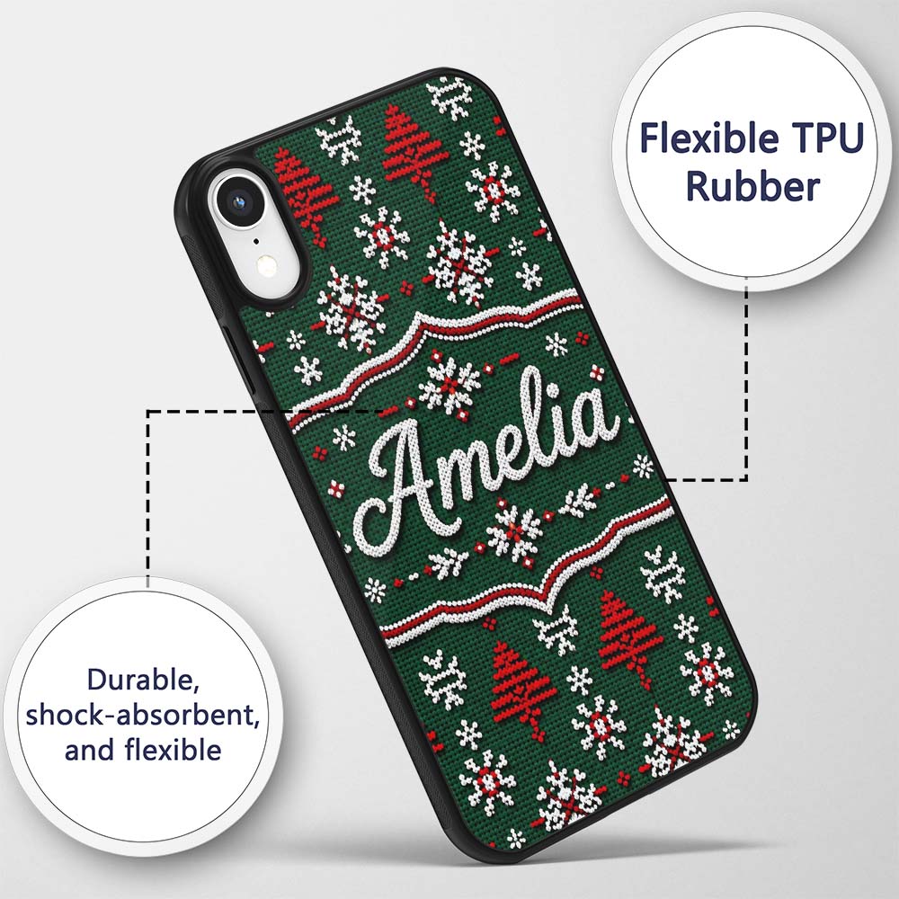 Knitted Red White Christmas Tree Printed Design Custom Name Protective Phone Case Mobile Cover Durable Everyday Smartphone Shock Resistant