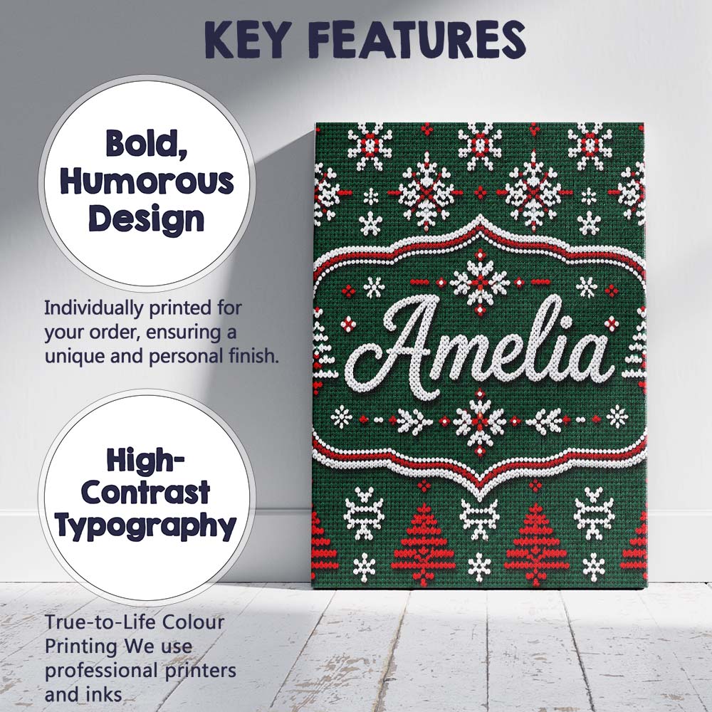 Personalised Name Knitted Red White Christmas Custom Unique Gift Idea Modern Room Accent Canvas Wall Art Print Decor Picture Ready to Hang