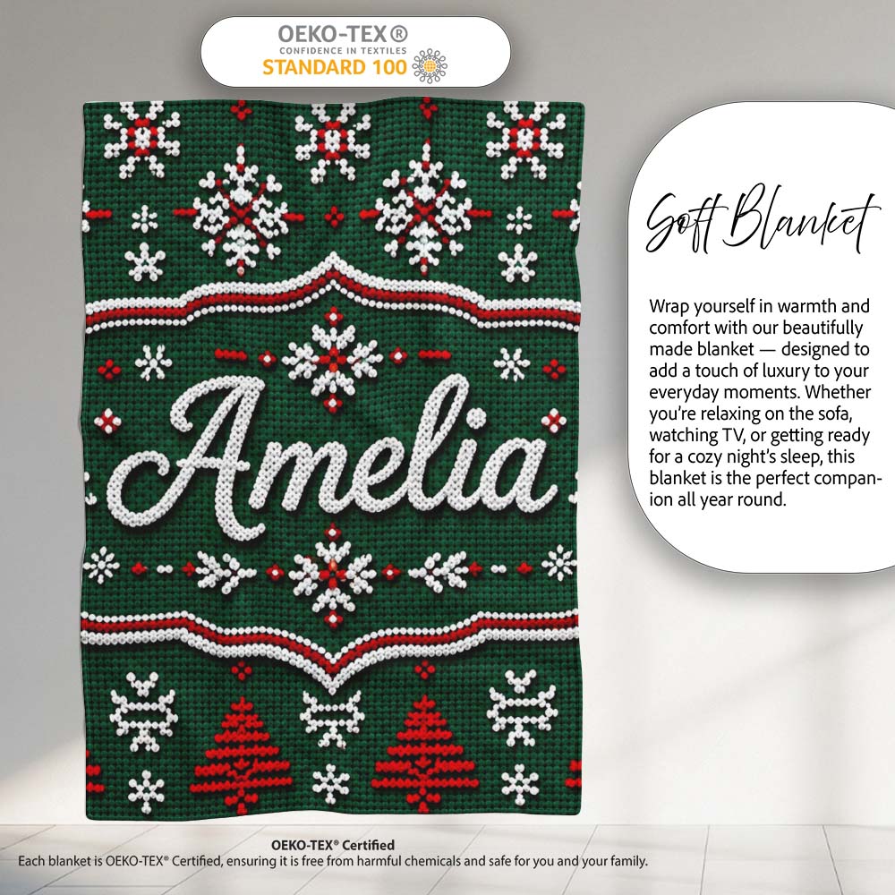 Knitted Red White Christmas Tree Snowflake Seamless Pattern Lovely  Personalised Custom Name Super Soft Fleece Blanket Bed Sofa Throw