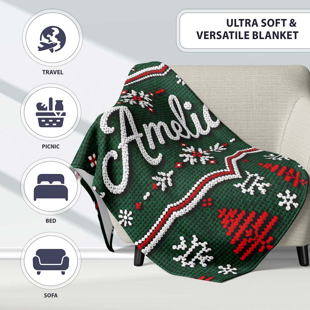Knitted Red White Christmas Tree Snowflake Seamless Pattern Lovely  Personalised Custom Name Super Soft Fleece Blanket Bed Sofa Throw