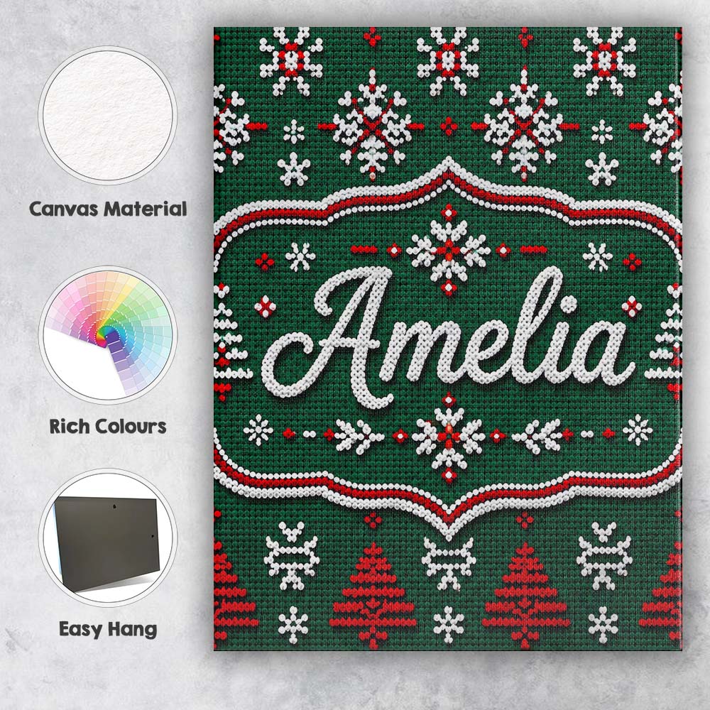 Personalised Name Knitted Red White Christmas Custom Unique Gift Idea Modern Room Accent Canvas Wall Art Print Decor Picture Ready to Hang