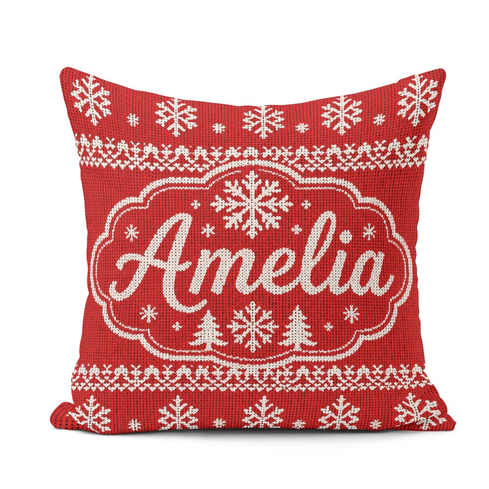 Custom Name Knitted Red Christmas Snowflake Tree Seamless Lovely Square Filled Cushion Throw Pillow Sofa Bed Home Decor Zip Washable UK Made