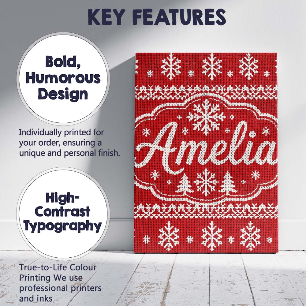 Personalised Name Knitted Red Christmas Custom  Modern Room Accent Elegant Feature Canvas Wall Art Print Decor Picture Ready to Hang
