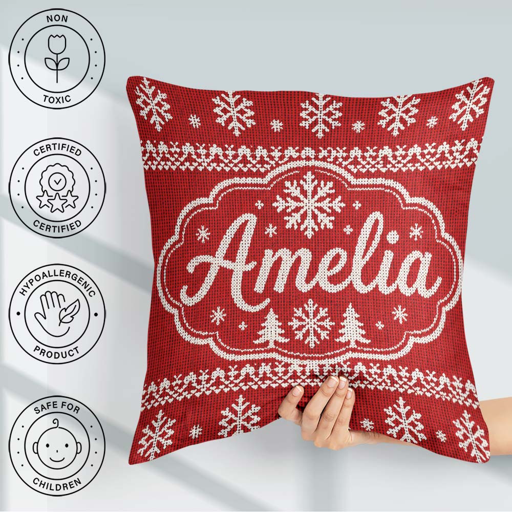 Custom Name Knitted Red Christmas Snowflake Tree Seamless Lovely Square Filled Cushion Throw Pillow Sofa Bed Home Decor Zip Washable UK Made