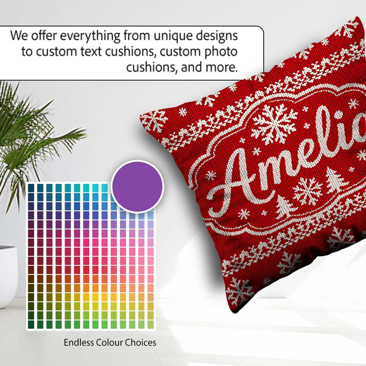Custom Name Knitted Red Christmas Snowflake Tree Seamless Lovely Square Filled Cushion Throw Pillow Sofa Bed Home Decor Zip Washable UK Made
