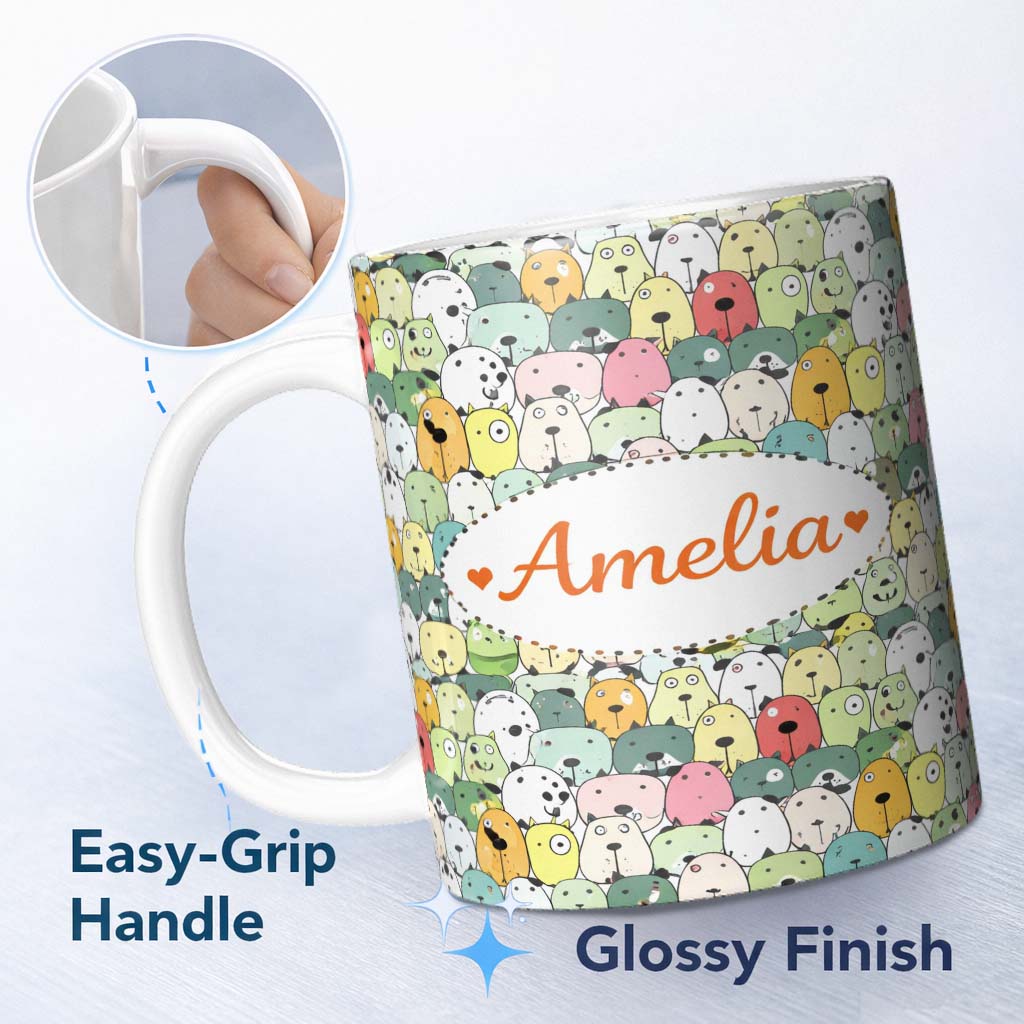 Personalized Custom Name Cute Cartoon Dogs Crowd Multicolour Seamless Pattern Lovely 11oz Ceramic Coffee Tea Mug White Large Handle