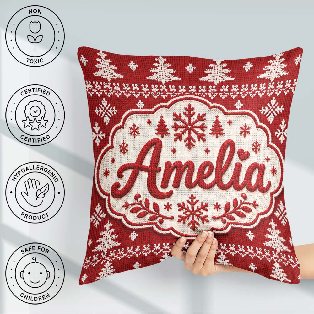 Custom Name Knitted Nordic Snowflake Christmas Tree Red Seamless Square Filled Cushion Throw Pillow Sofa Bed Home Decor Zip Washable UK Made