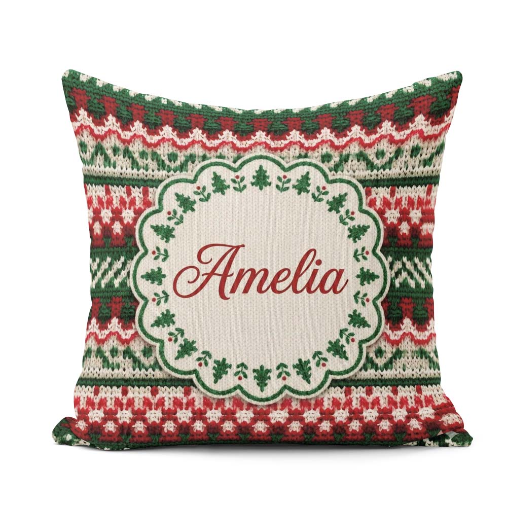 Custom Name Festive Knitted Fair Isle Christmas Pattern Seamless Square Filled Cushion Throw Pillow Sofa Bed Home Decor Zip Washable UK Made
