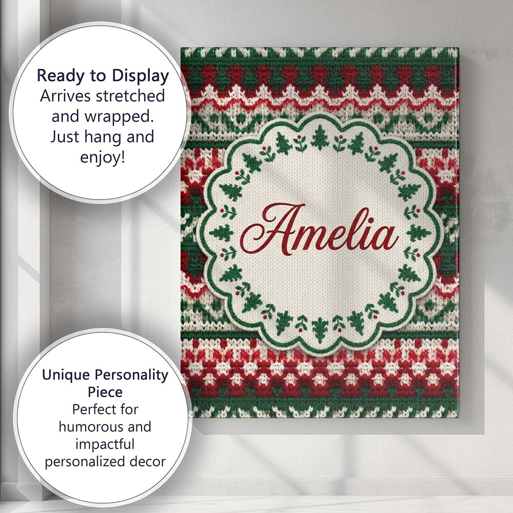Personalised Name Festive Knitted Fair Isle Custom  Bespoke Interior Contemporary Canvas Wall Art Print Decor Picture Ready to Hang