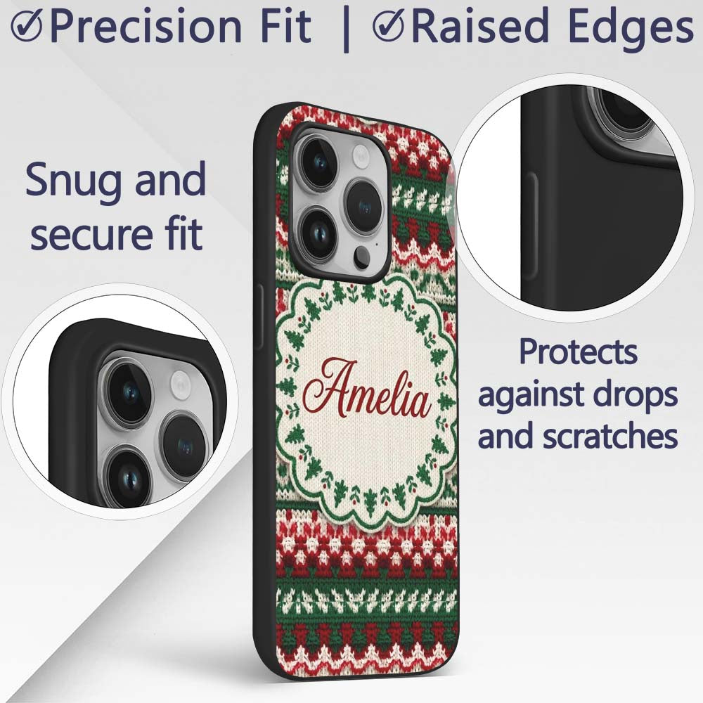 Festive Knitted Fair Isle Christmas Pattern Printed Design Custom Name Protective Phone Case Mobile Cover Durable Smartphone Shock Resistant