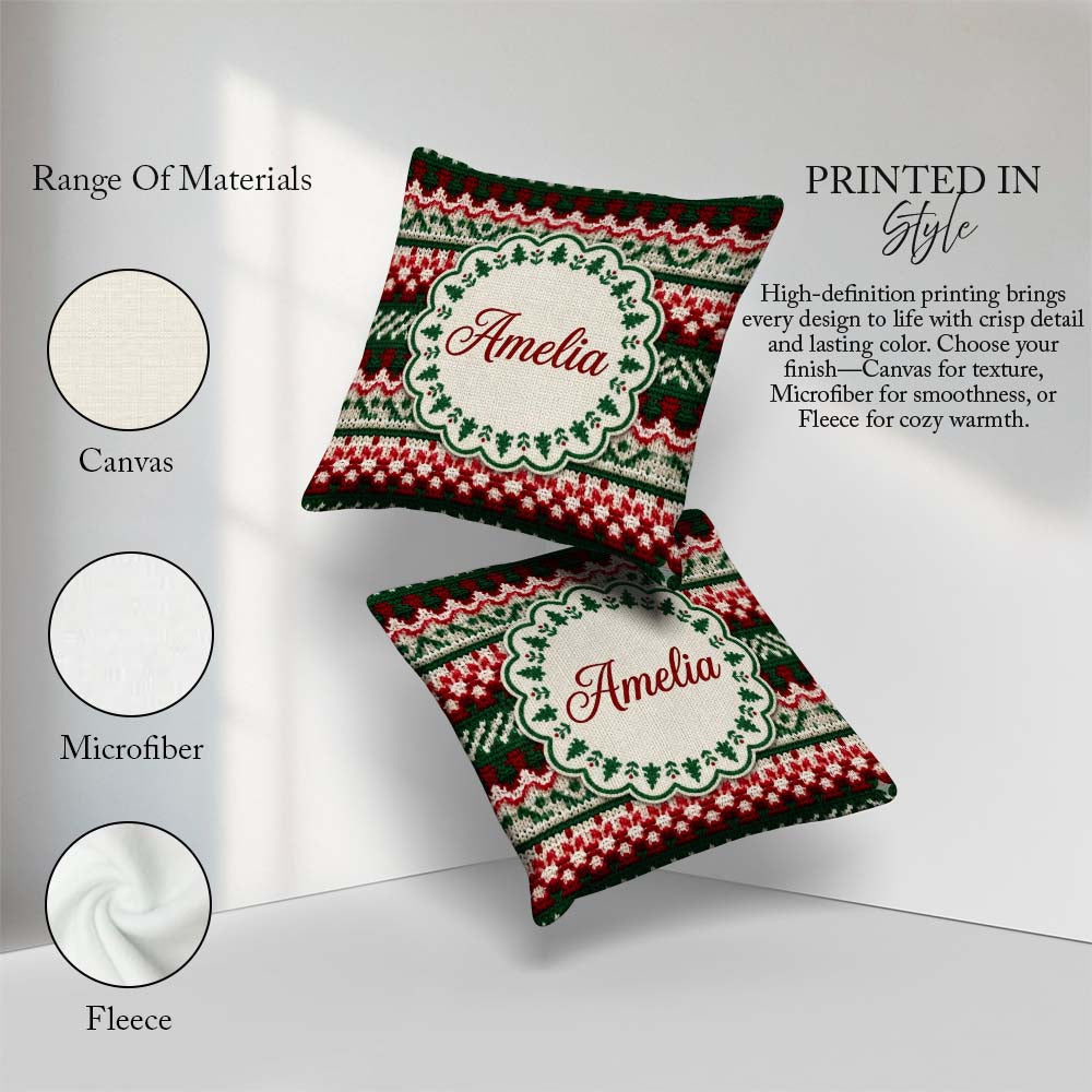 Custom Name Festive Knitted Fair Isle Christmas Pattern Seamless Square Filled Cushion Throw Pillow Sofa Bed Home Decor Zip Washable UK Made
