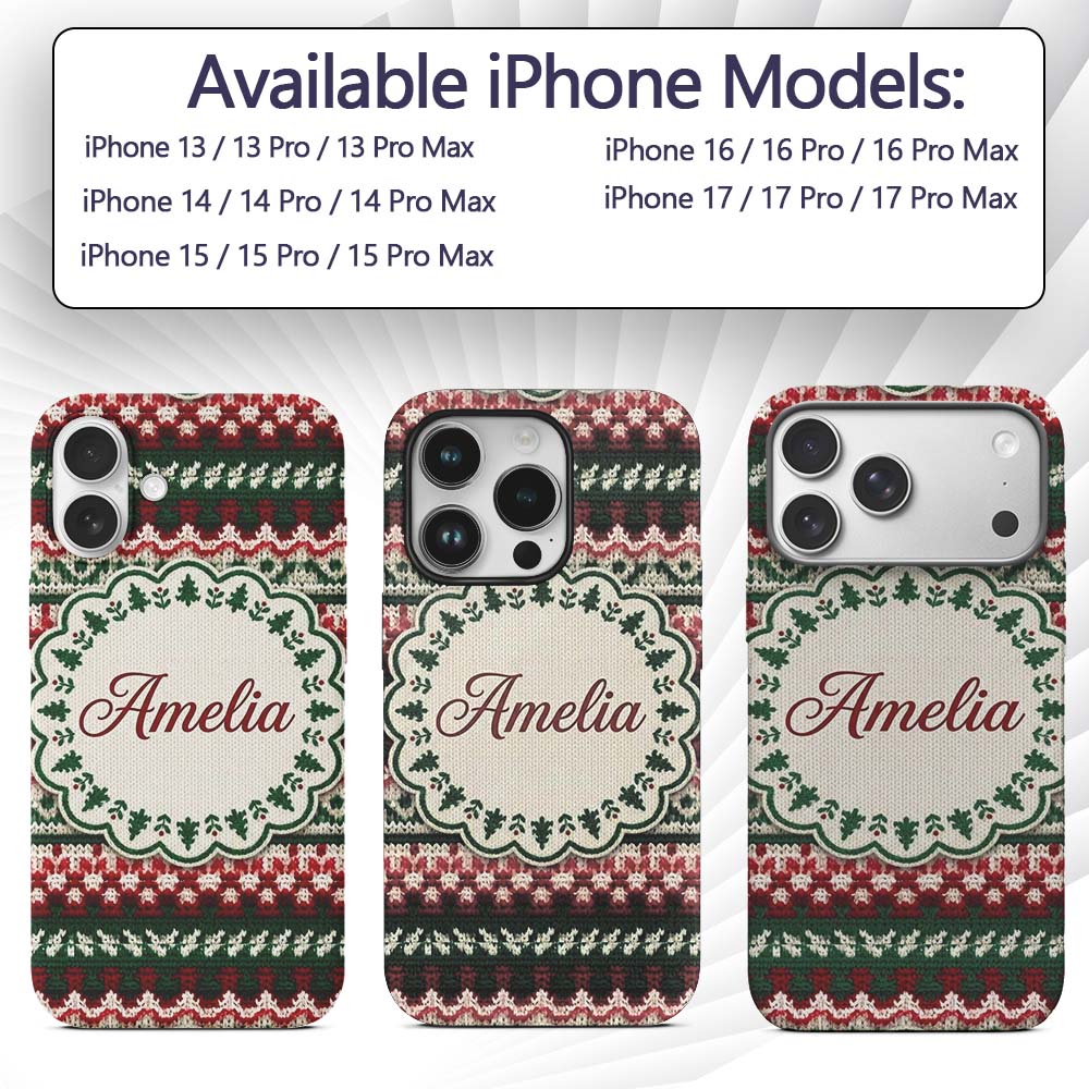 Festive Knitted Fair Isle Christmas Pattern Printed Design Custom Name Protective Phone Case Mobile Cover Durable Smartphone Shock Resistant