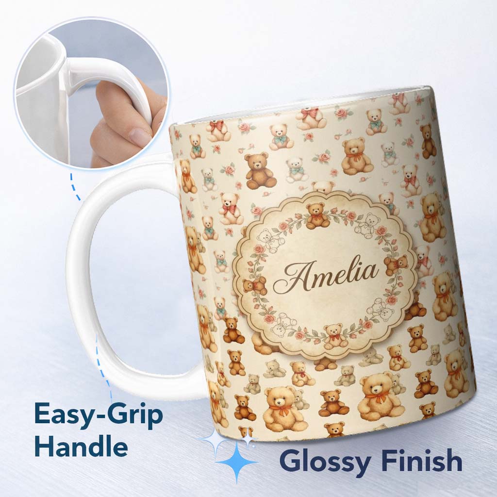 Personalized Custom Name Cute Teddy Bears with Soft Neutral Background Seamless Pattern 11oz Ceramic Coffee Tea Mug White Large Handle