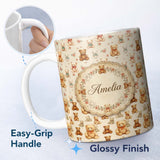 Personalized Custom Name Cute Teddy Bears with Soft Neutral Background Seamless Pattern 11oz Ceramic Coffee Tea Mug White Large Handle