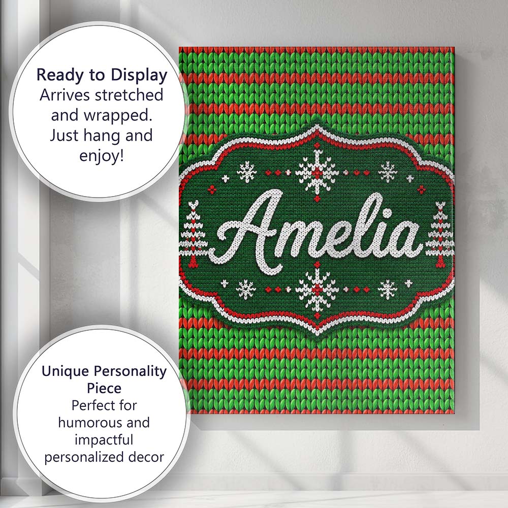 Personalised Name Red Green Knitted Texture Custom  Bespoke Interior Contemporary Canvas Wall Art Print Decor Picture Ready to Hang