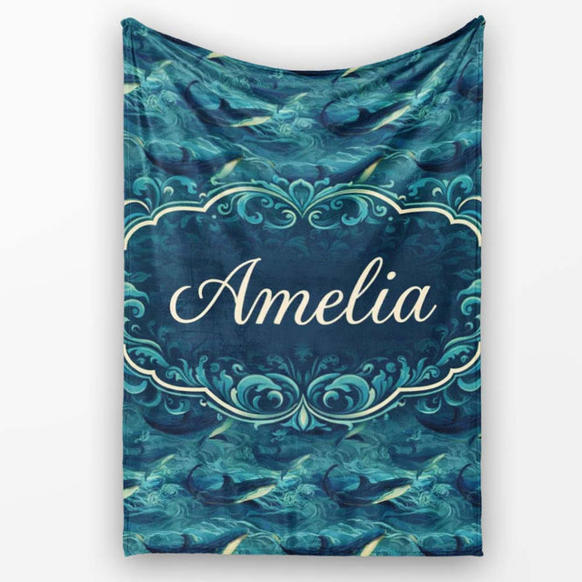 Dark Blue Whale Wave Seamless Pattern Underwater Ocean Design Lovely  Personalised Custom Name Super Soft Fleece Blanket Bed Sofa Throw