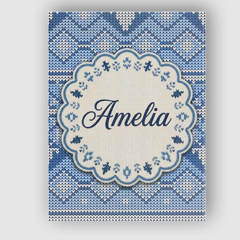 Personalised Name Blue Nordic Knitted Custom Modern Room Accent Creative Decorator Style Canvas Wall Art Print Decor Picture Ready to Hang