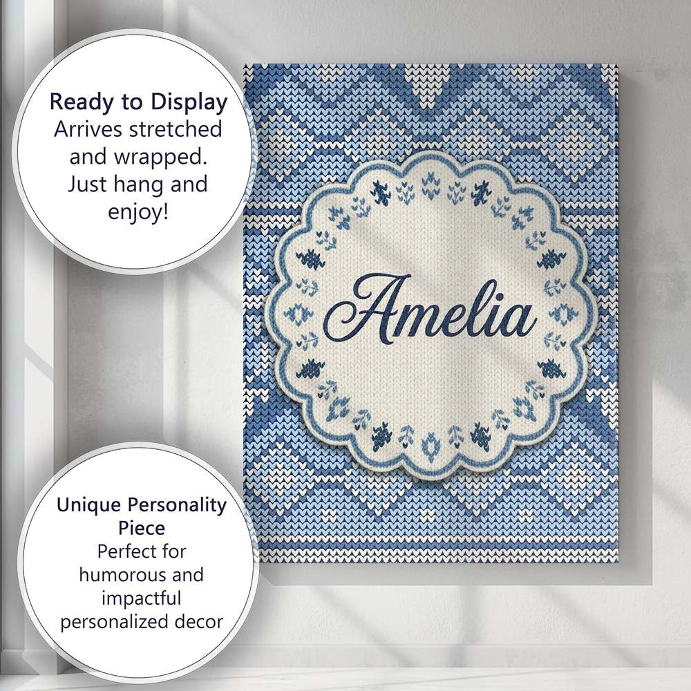 Personalised Name Blue Nordic Knitted Custom Modern Room Accent Creative Decorator Style Canvas Wall Art Print Decor Picture Ready to Hang