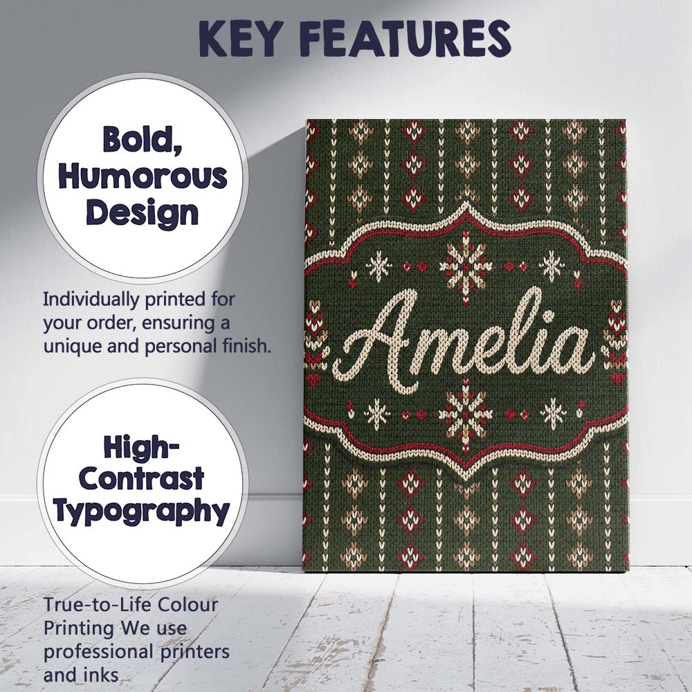 Personalised Name Green Knitted Heart Custom Modern Room Accent Creative Decorator Style Canvas Wall Art Print Decor Picture Ready to Hang