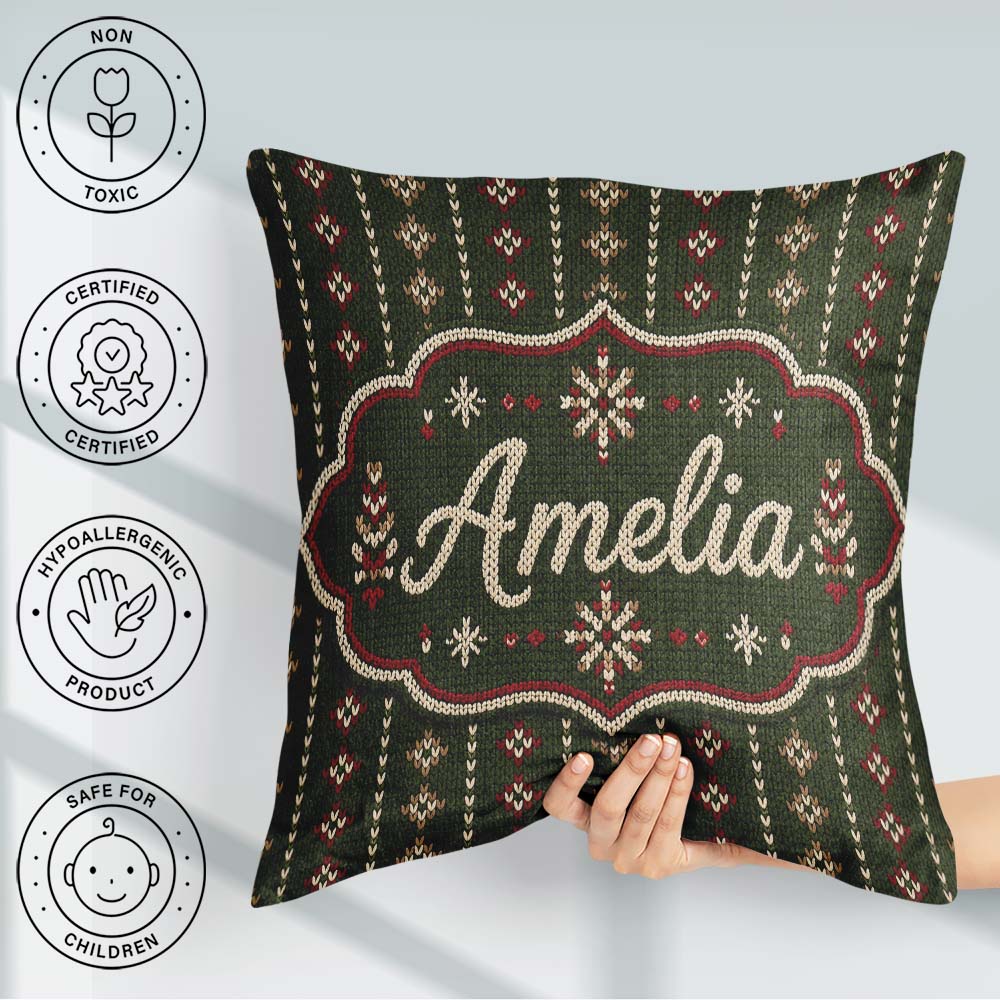 Custom Name Green Knitted Heart Nordic Pattern Seamless Idea Square Filled Cushion Throw Pillow Sofa Bed Home Decor Zip Washable UK Made