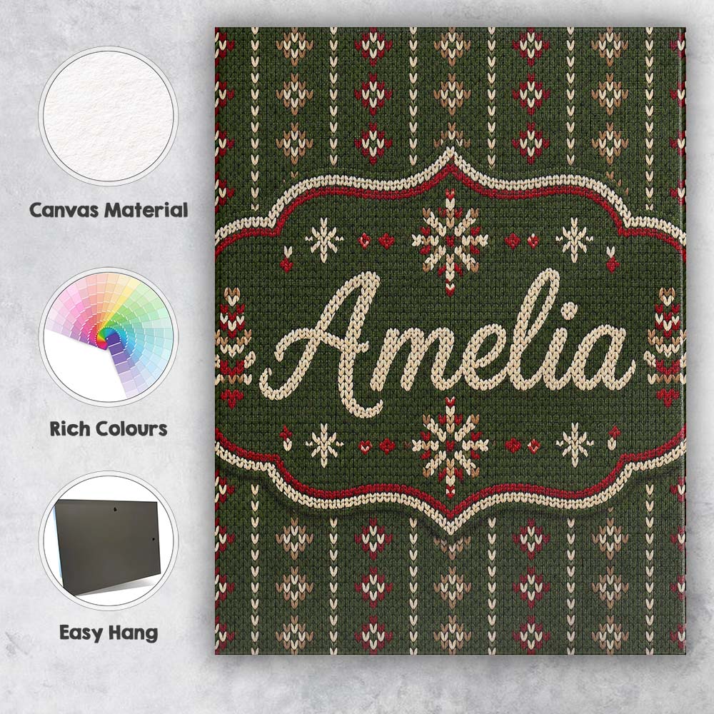 Personalised Name Green Knitted Heart Custom Modern Room Accent Creative Decorator Style Canvas Wall Art Print Decor Picture Ready to Hang