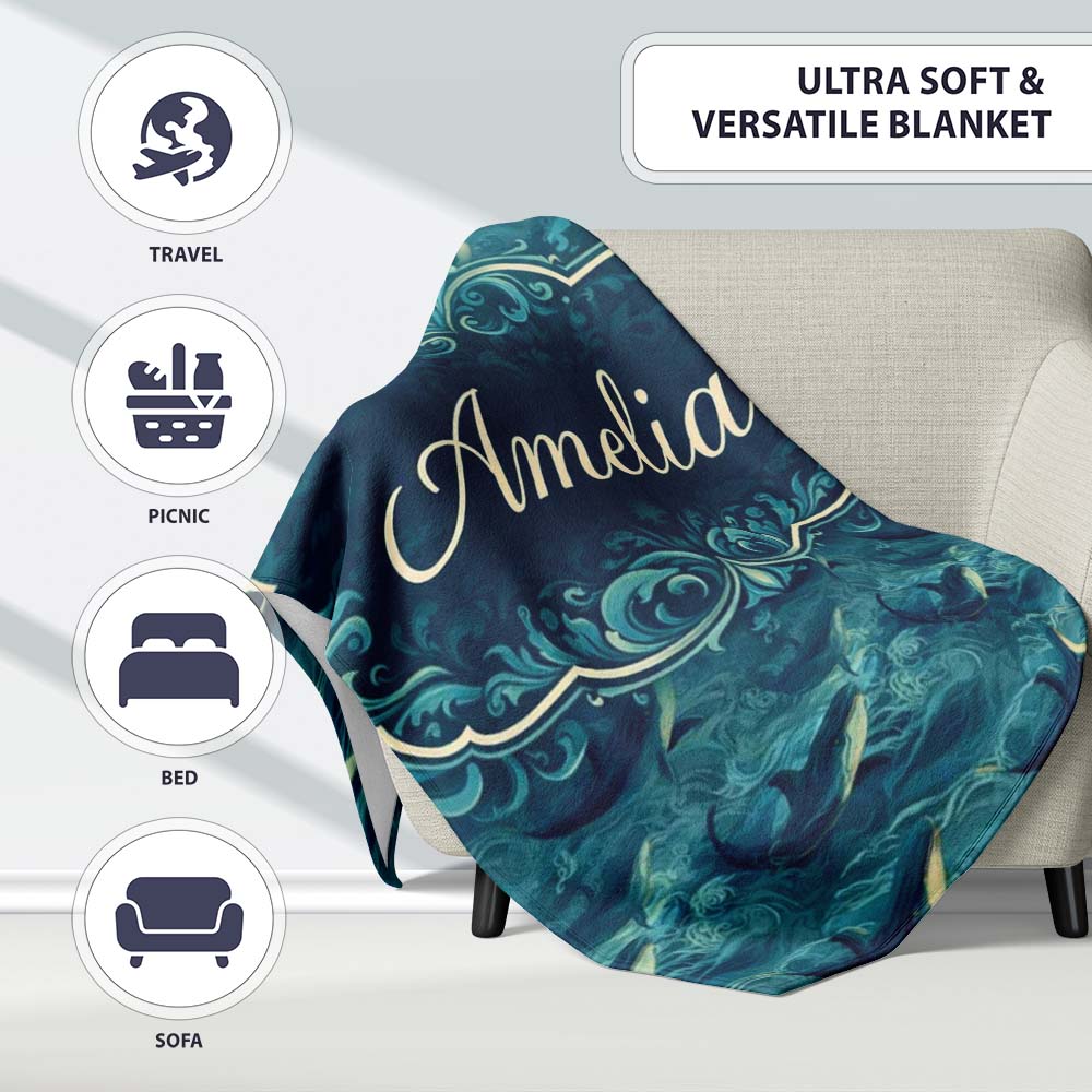 Dark Blue Whale Wave Seamless Pattern Underwater Ocean Design Lovely  Personalised Custom Name Super Soft Fleece Blanket Bed Sofa Throw
