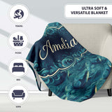 Dark Blue Whale Wave Seamless Pattern Underwater Ocean Design Lovely  Personalised Custom Name Super Soft Fleece Blanket Bed Sofa Throw