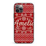 Red Knitted Heart Pattern Christmas Seamless Custom Name Protective Phone Case Mobile Cover Durable Everyday Smartphone Shock Resistant