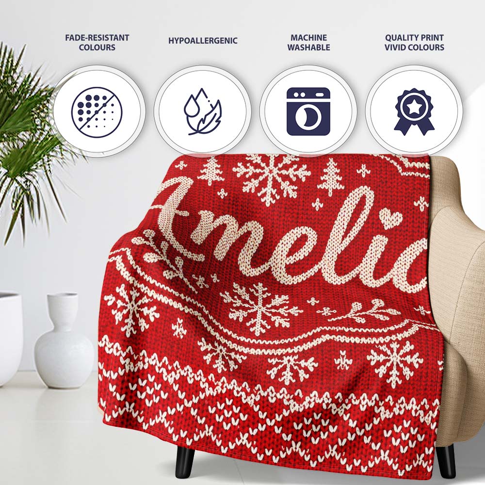 Red Knitted Heart Pattern Christmas Seamless Charming  Decor  Personalised Custom Name Super Soft Fleece Blanket Bed Sofa Throw