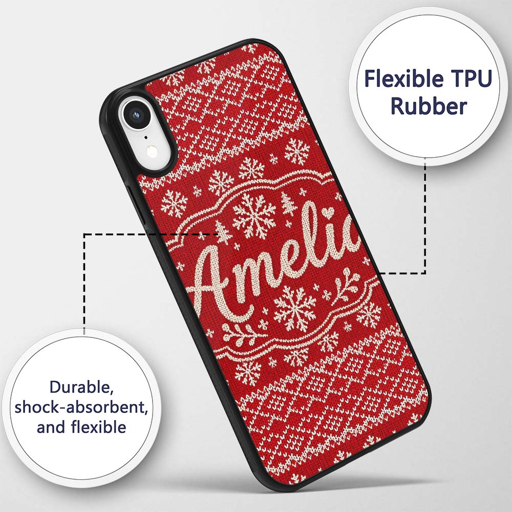 Red Knitted Heart Pattern Christmas Seamless Custom Name Protective Phone Case Mobile Cover Durable Everyday Smartphone Shock Resistant