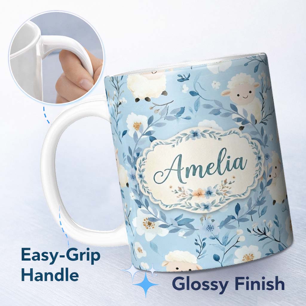 Personalized Custom Name Cute Baby Sheep Lambs with Blue Floral Background Seamless Pattern 11oz Ceramic Coffee Tea Mug White Large Handle