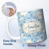 Personalized Custom Name Cute Baby Sheep Lambs with Blue Floral Background Seamless Pattern 11oz Ceramic Coffee Tea Mug White Large Handle