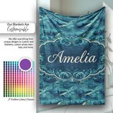 Dark Blue Whale Wave Seamless Pattern Underwater Ocean Design Lovely  Personalised Custom Name Super Soft Fleece Blanket Bed Sofa Throw