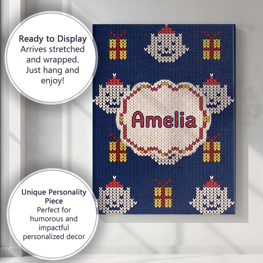 Personalised Name Blue Knitted Christmas Custom  Unique Gift Idea Elegant Feature Canvas Wall Art Print Decor Picture Ready to Hang